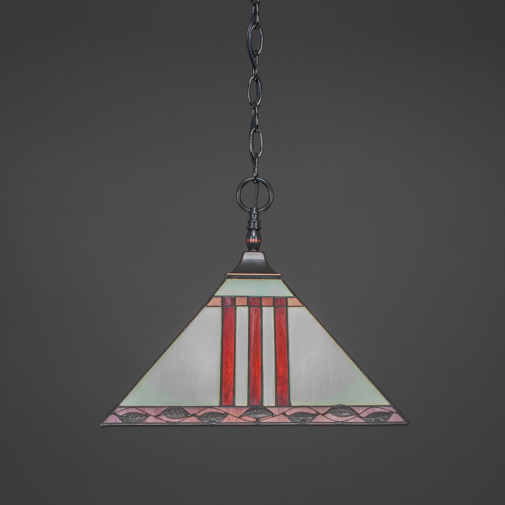 Chain Hung Pendant With Square Fitter Shown In Black Copper Finish With 14" Purple & Metal Leaf Tiffany Glass