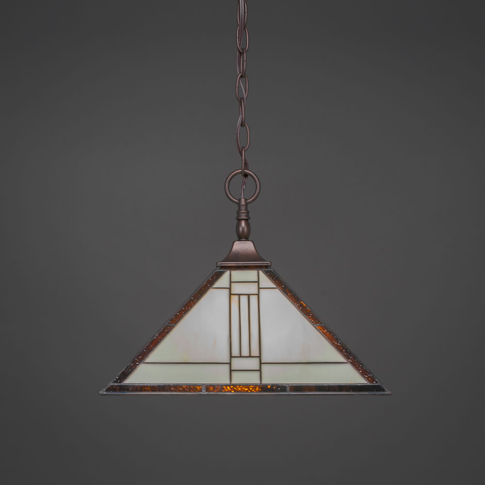 Chain Hung Pendant With Square Fitter Shown In Bronze Finish With 14" Sante Fe Tiffany Glass