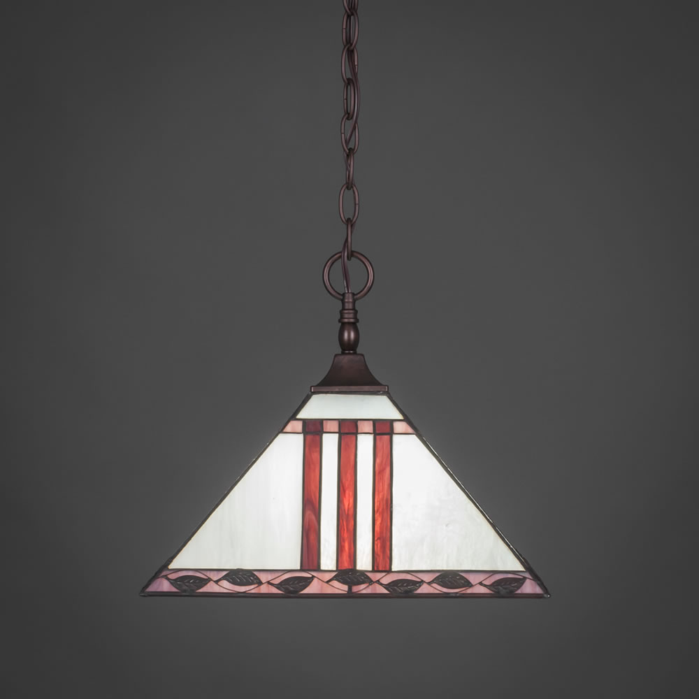 Chain Hung Pendant Shown In Bronze Finish With 14" Purple & Metal Leaf Tiffany Glass