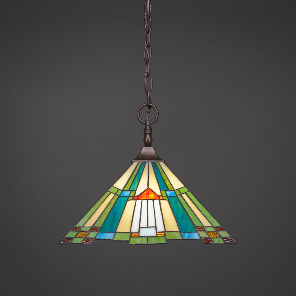 Chain Hung Pendant Shown In Bronze Finish With 14" Tango Tiffany Glass