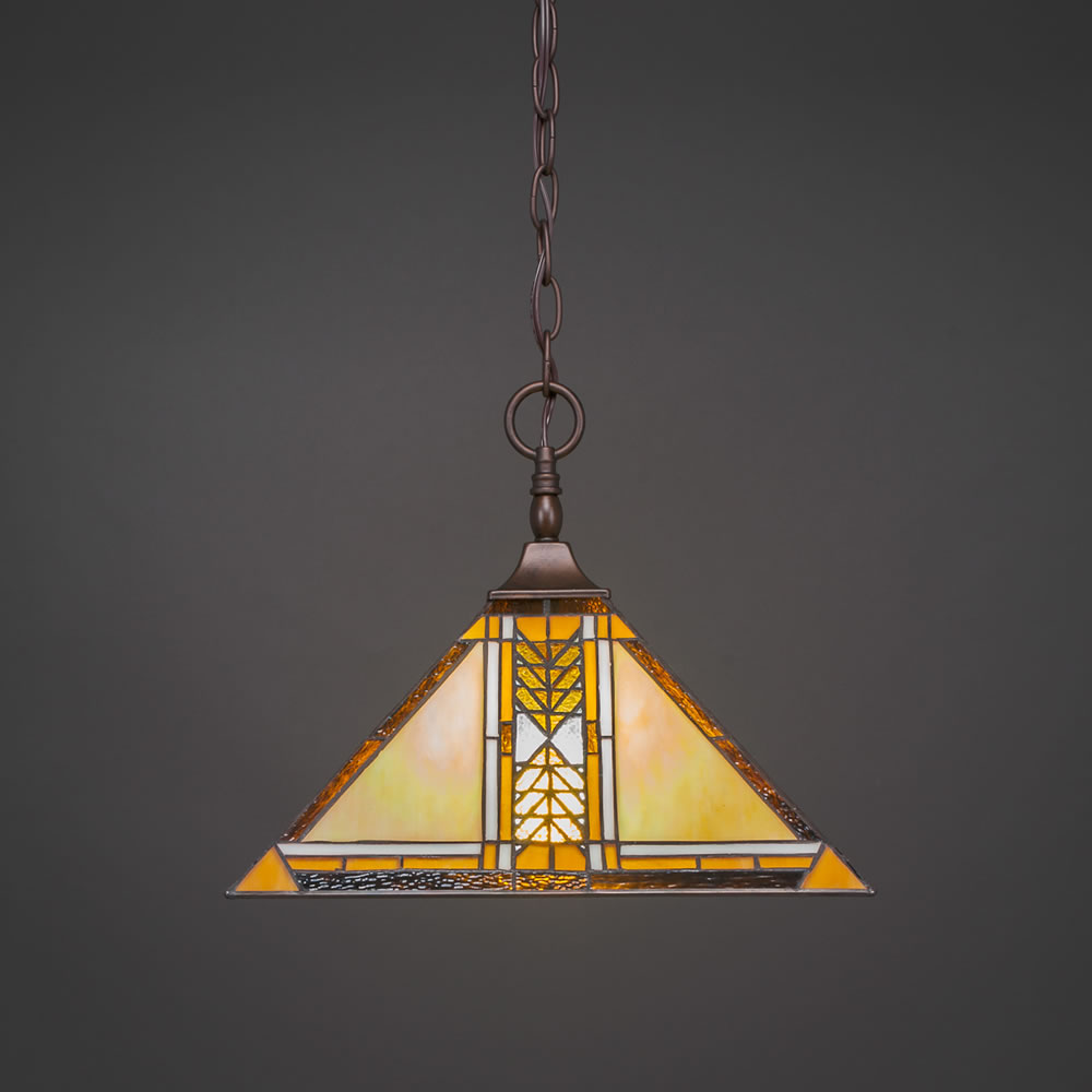 Chain Hung Pendant Shown In Bronze Finish With 14" Santa Cruz Tiffany Glass