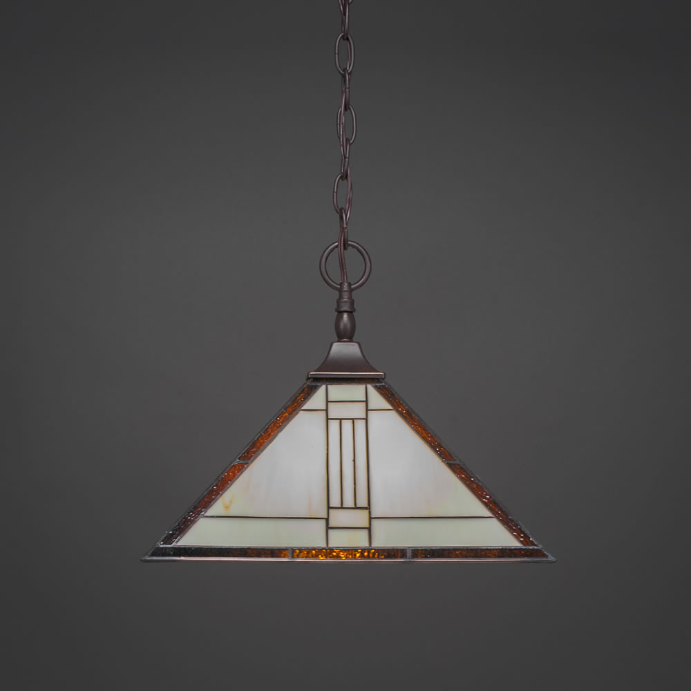 Chain Hung Pendant With Square Fitter Shown In Dark Granite Finish With 14" Sante Fe Tiffany Glass