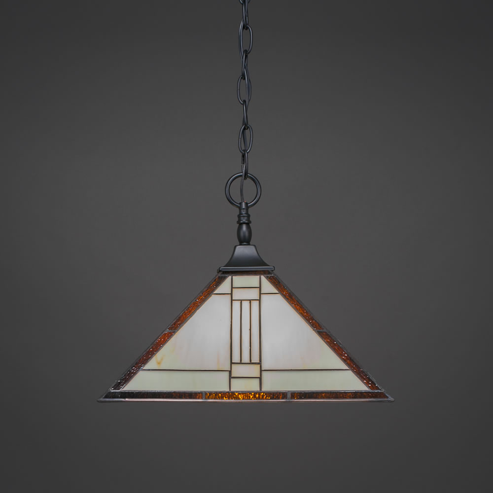 Chain Hung Pendant With Square Fitter Shown In Matte Black Finish With 14" Sante Fe Tiffany Glass