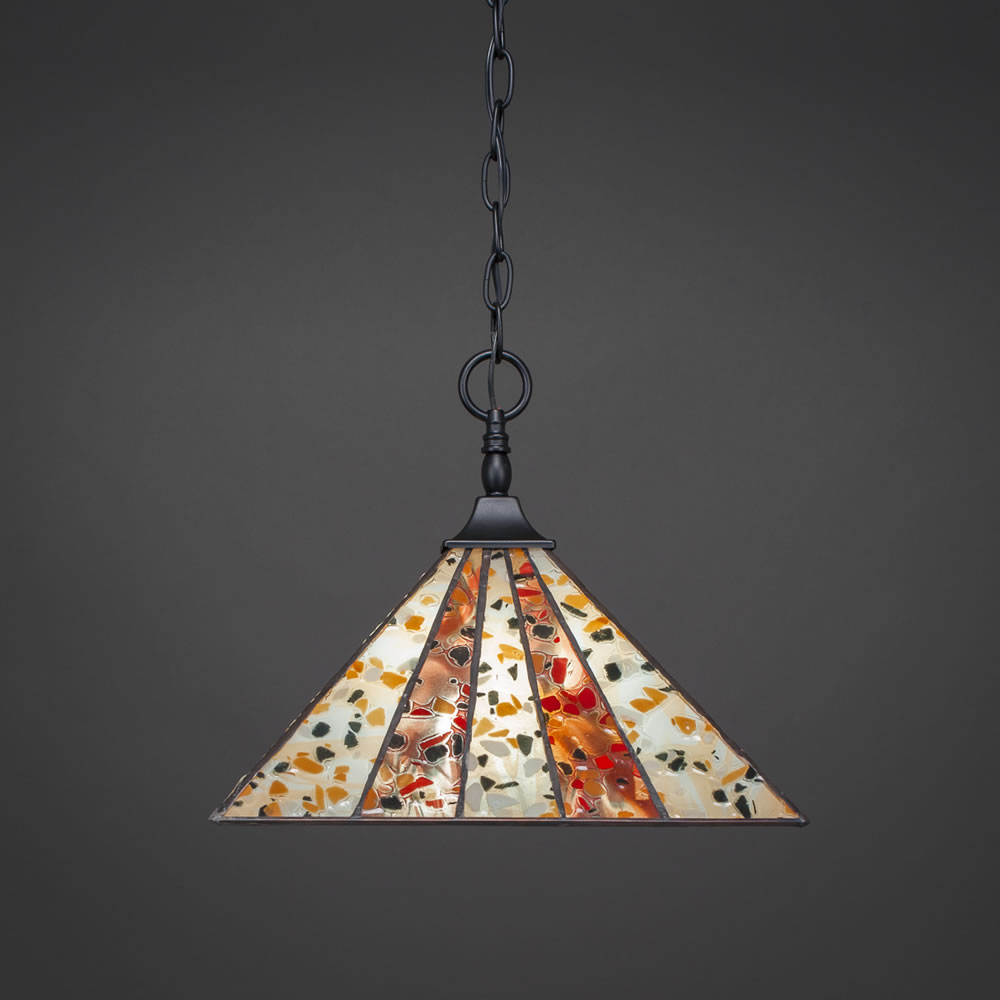 Chain Hung Pendant With Square Fitter Shown In Matte Black Finish With 14" Fiesta Tiffany Glass