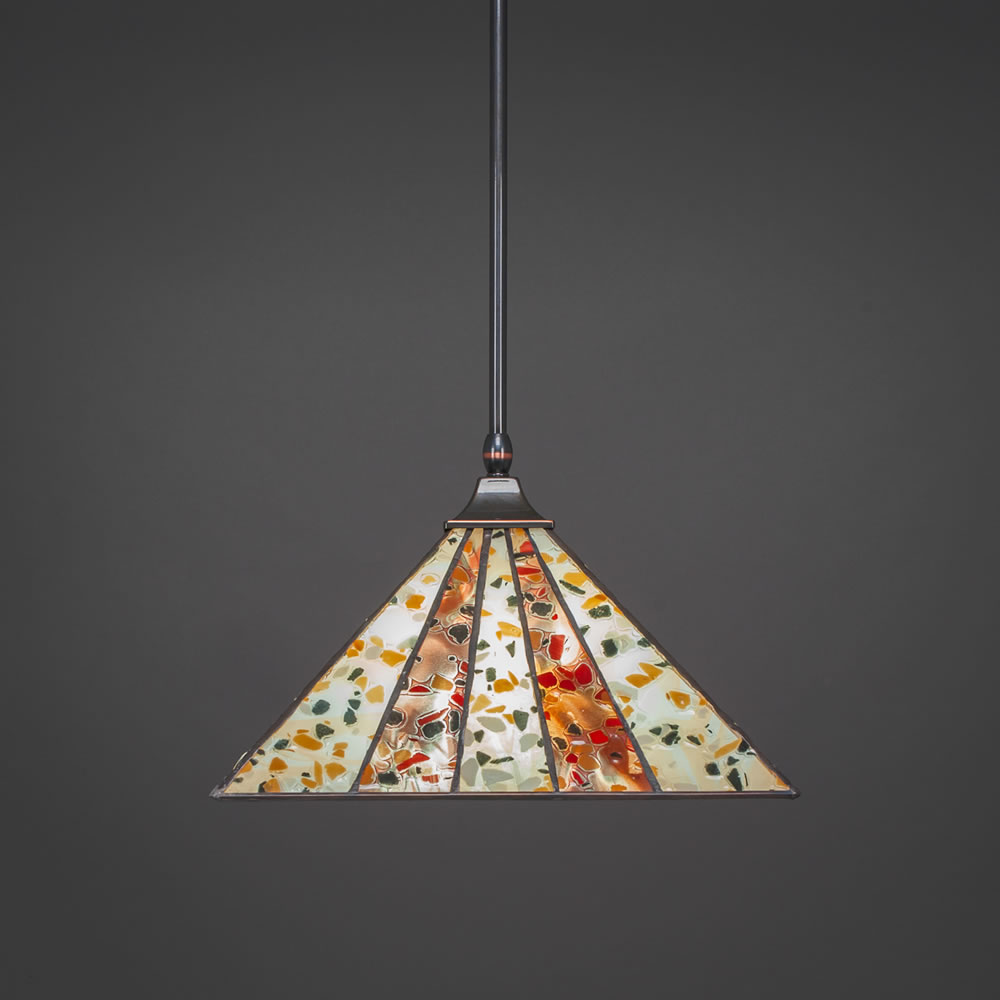 Stem Hung Pendant With Square Fitter Shown In Black Copper Finish With 14" Fiesta Tiffany Glass
