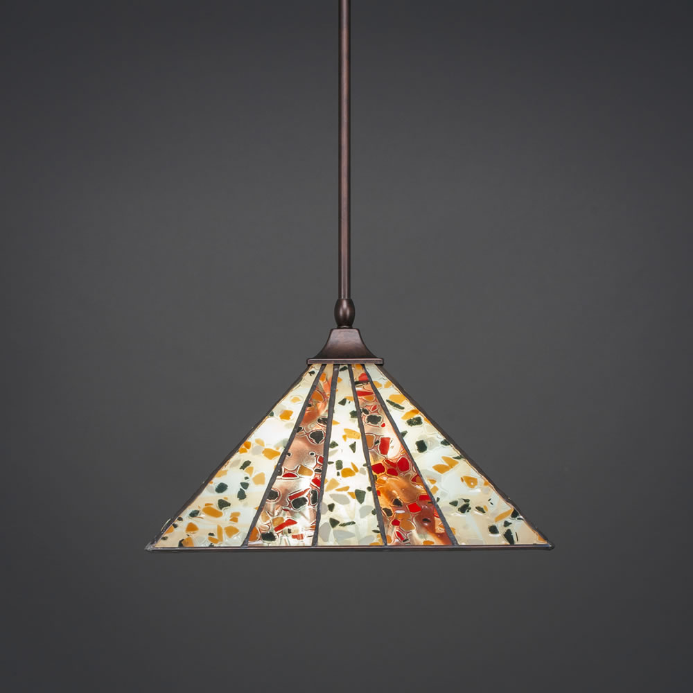Stem Hung Pendant With Square Fitter Shown In Bronze Finish With 14" Fiesta Tiffany Glass
