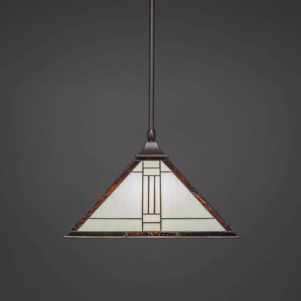 Stem Hung Pendant With Square Fitter Shown In Dark Granite Finish With 14" Santa Fe Tiffany Glass