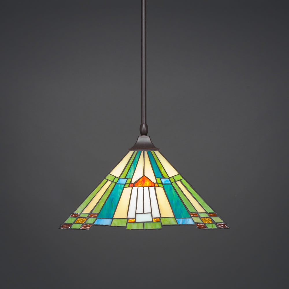 Stem Hung Pendant With Square Fitter And Hang Straight Swivel Shown In Dark Granite Finish With 14" Tango Tiffany Glass