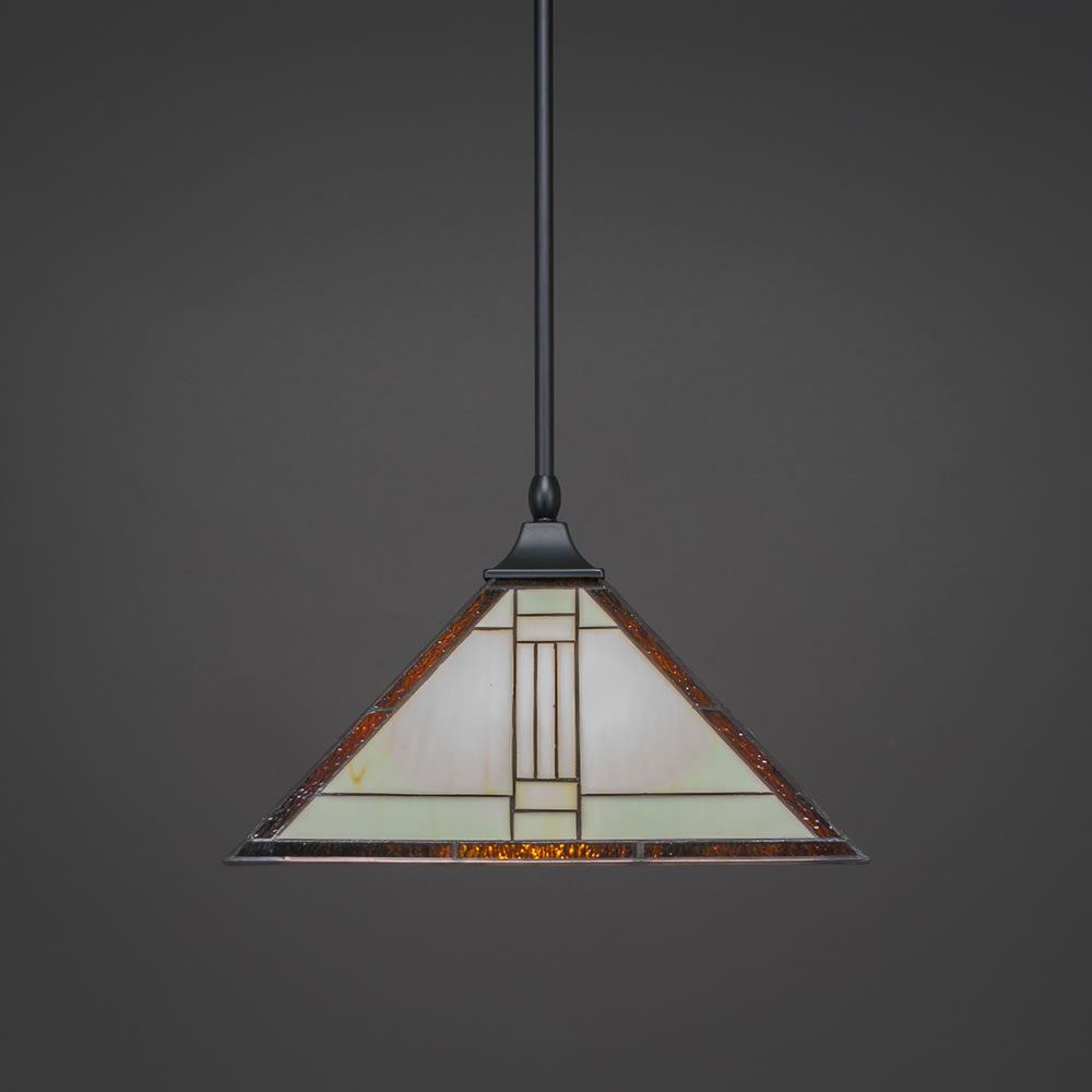 Stem Hung Pendant With Square Fitter Shown In Matte Black Finish With 14" Santa Fe Tiffany Glass