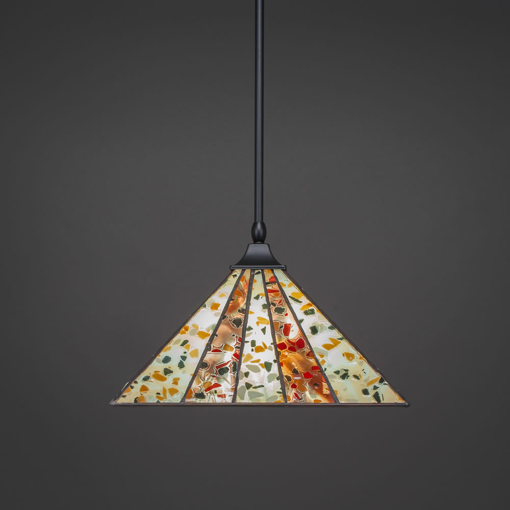 Stem Hung Pendant With Square Fitter Shown In Matte Black Finish With 14" Fiesta Tiffany Glass