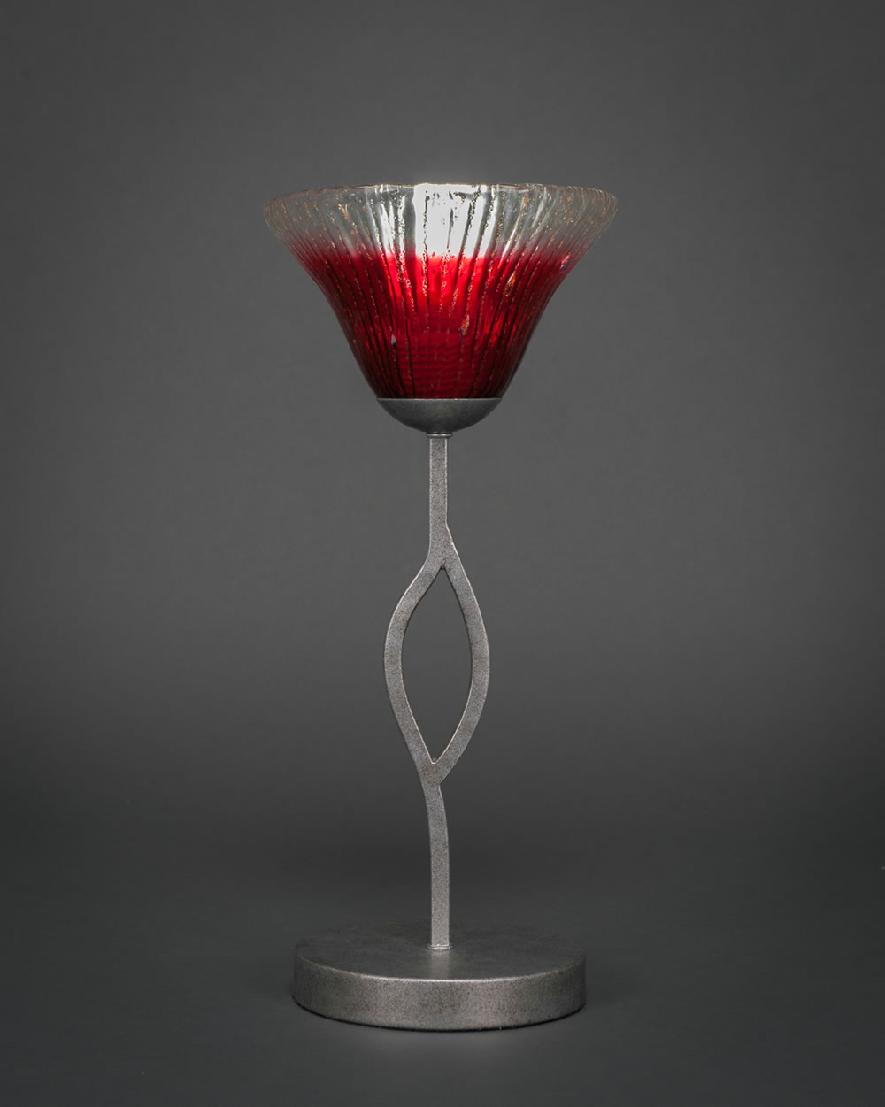 Revo Mini Table Lamp Shown in Aged Silver Finish With 7" Raspberry Crystal Glass