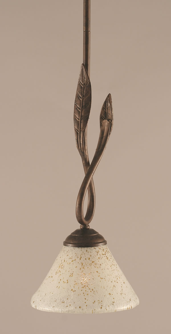 Leaf Mini Pendant Shown In Bronze Finish With 7" Gold Ice Glass