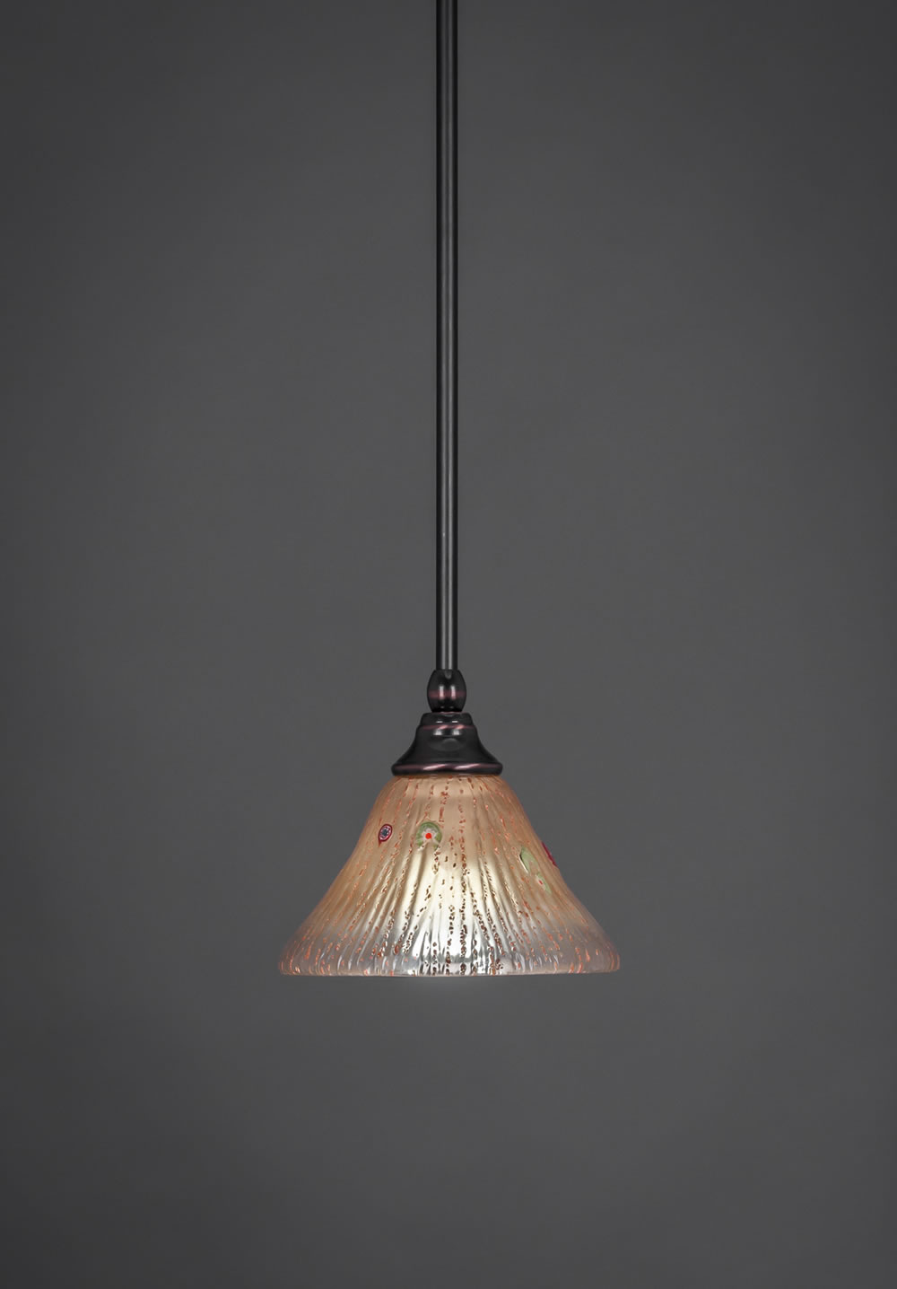 Stem Mini Pendant With Hang Straight Swivel Shown In Black Copper Finish With 7" Amber Crystal Glass