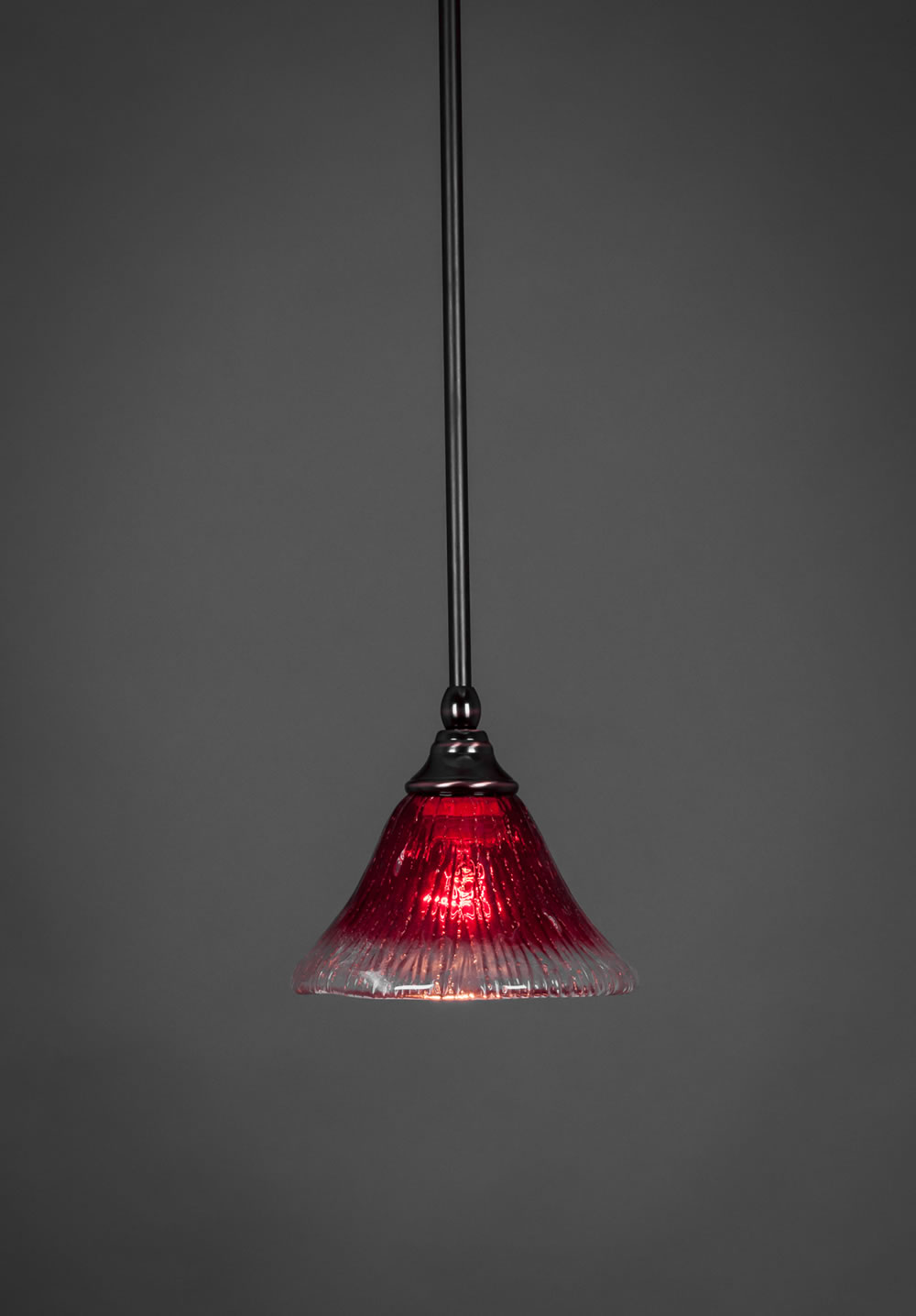 Stem Mini Pendant With Hang Straight Swivel Shown In Black Copper Finish With 7" Raspberry Crystal Glass