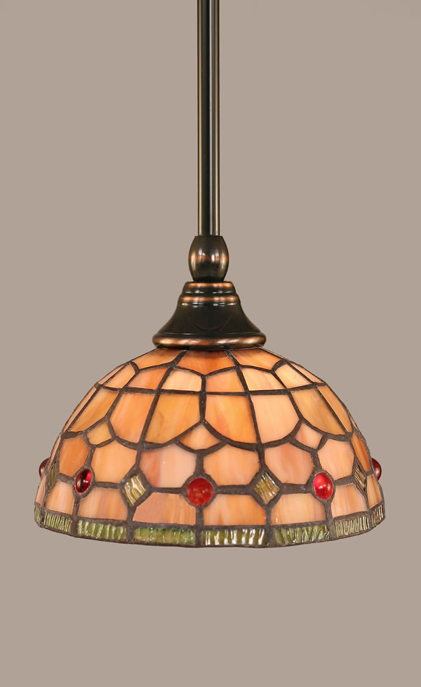 Stem Mini Pendant With Hang Straight Swivel Shown In Black Copper Finish With 7 Rosetta Tiffany Glass