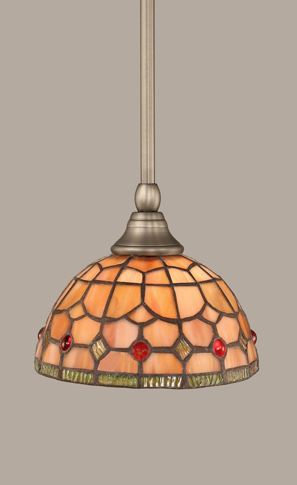 Stem Mini Pendant With Hang Straight Swivel Shown In Brushed Nickel Finish With 7 Rosetta Tiffany Glass