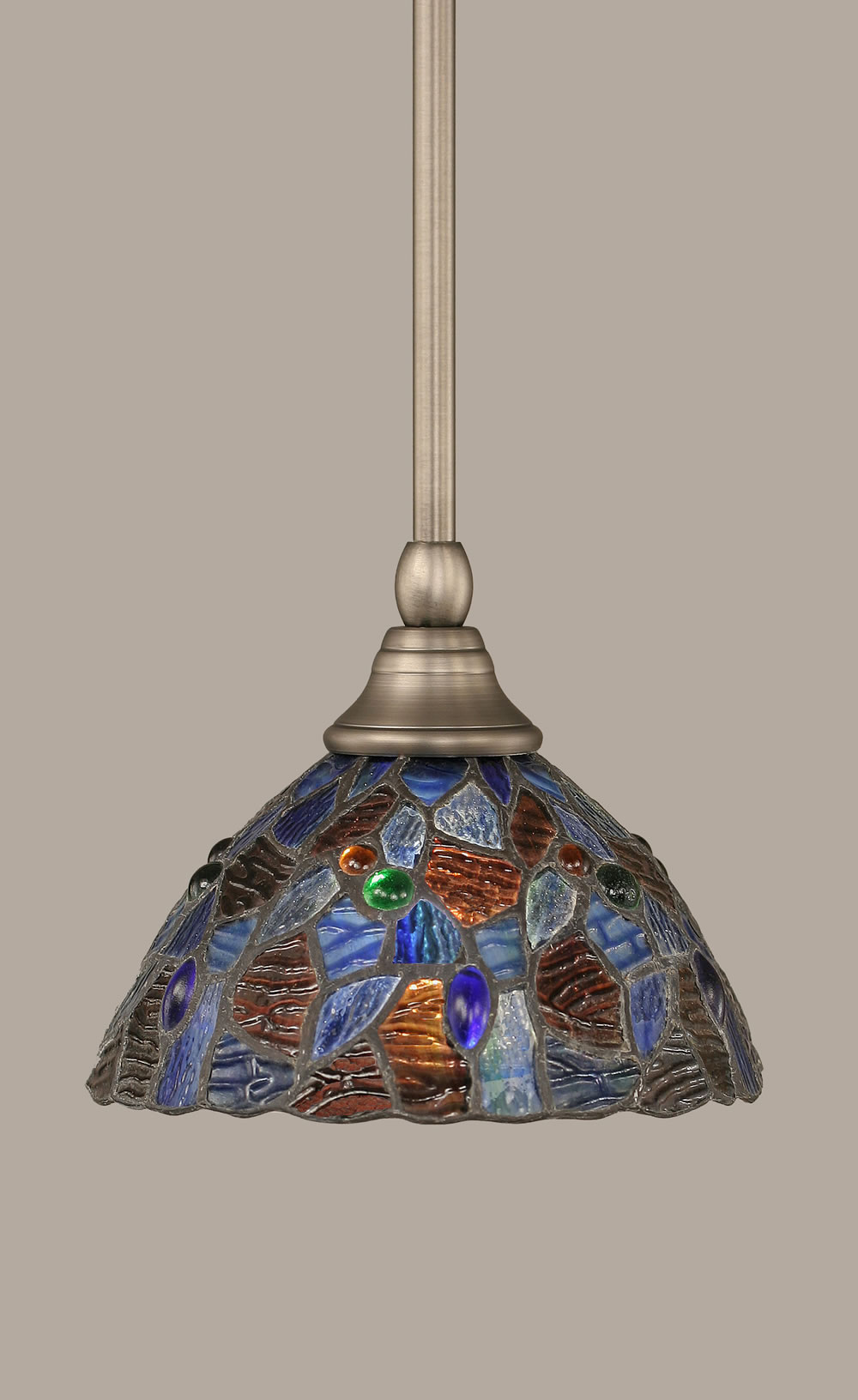 Stem Mini Pendant With Hang Straight Swivel Shown In Brushed Nickel Finish With 7 Blue Mosaic Tiffany Glass