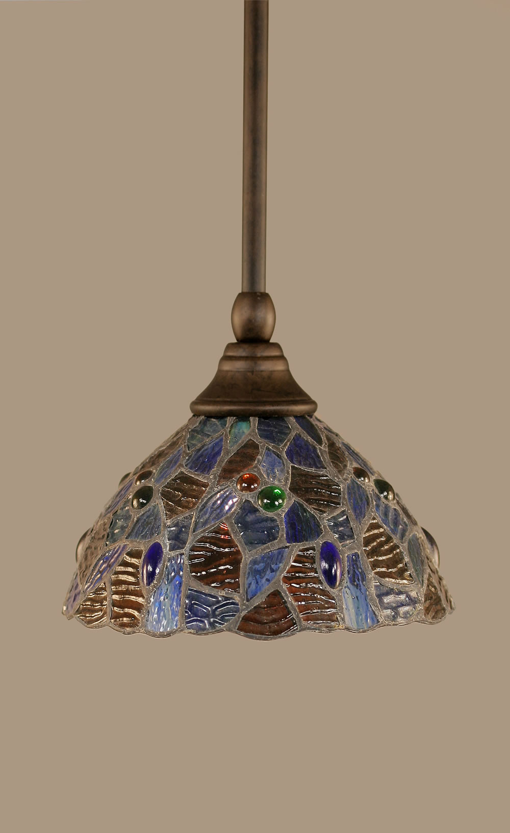 Stem Mini Pendant With Hang Straight Swivel Shown In Bronze Finish With 7 Blue Mosaic Tiffany Glass