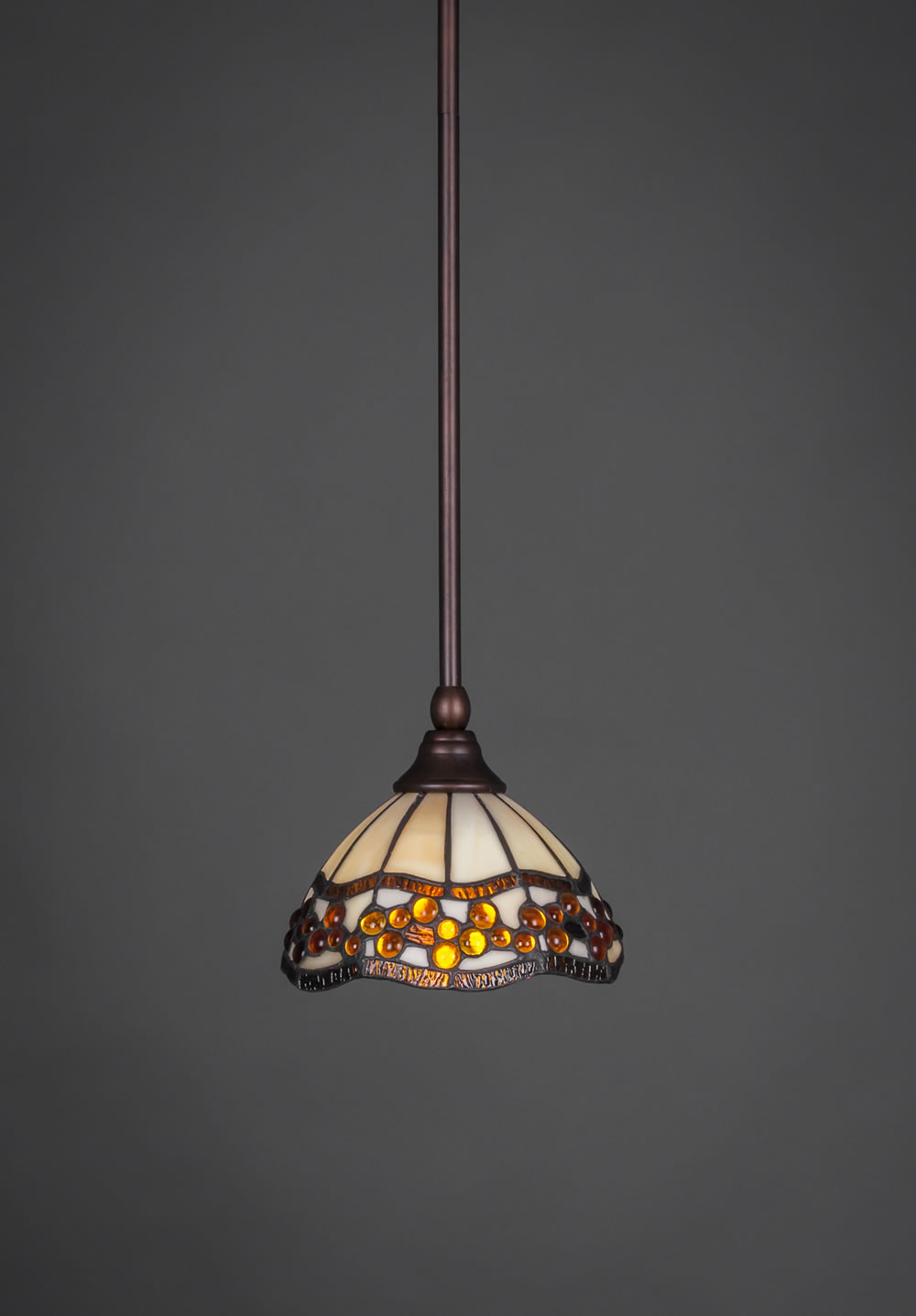 Stem Mini Pendant With Hang Straight Swivel Shown In Bronze Finish With 7 Roman Jewel Tiffany Glass