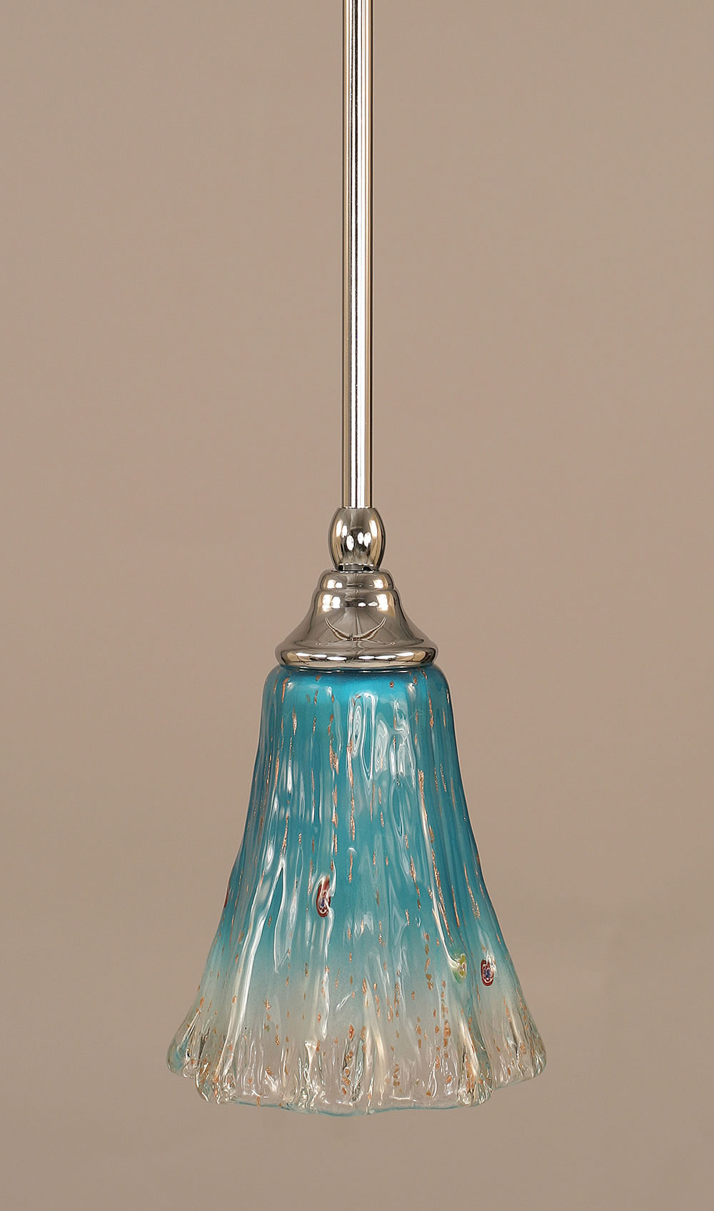 Stem Mini Pendant With Hang Straight Swivel Shown In Chrome Finish With 5.5" Fluted Teal Crystal Glass