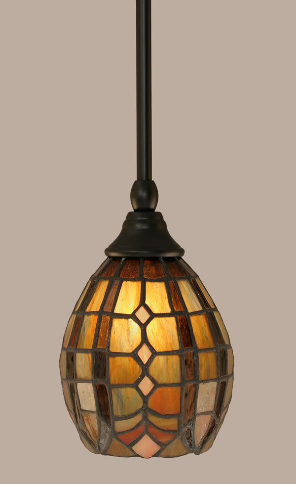 Stem Mini Pendant With Hang Straight Swivel Shown In Matte Black Finish With 5.5 Paradise Tiffany Glass