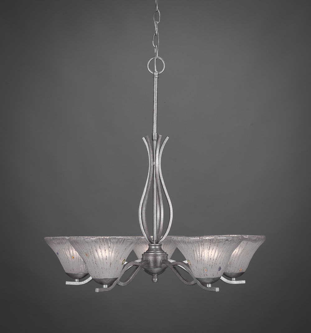Revo 5 Light Chandelier Shown In Aged Silver Finish With 7 Frosted Crystal Glass