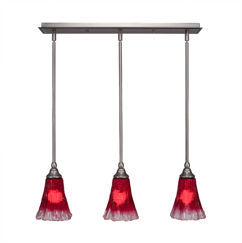 3 Light Multi Light Mini Pendant With Hang Straight Swivels Shown In Brushed Nickel Finish With 5.5" Fluted Raspberry Crystal Glass