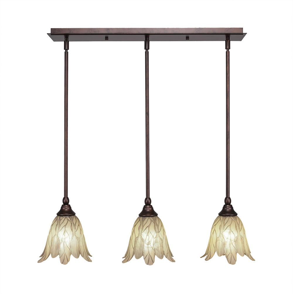 3 Light Multi Light Mini Pendant With Hang Straight Swivels Shown In Bronze Finish With 7" Vanilla Leaf Glass