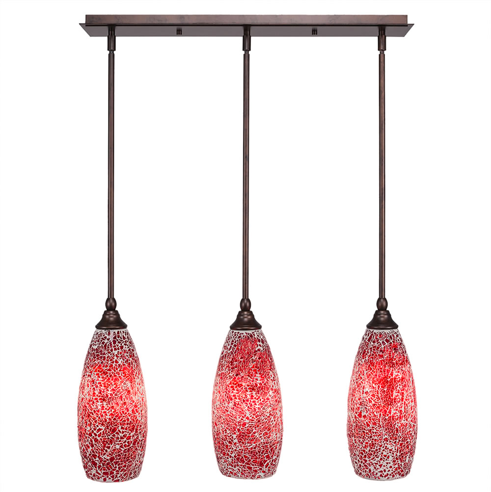 3 Light Multi Light Mini Pendant With Hang Straight Swivels Shown In Bronze Finish With 5.5" Red Fusion Glass