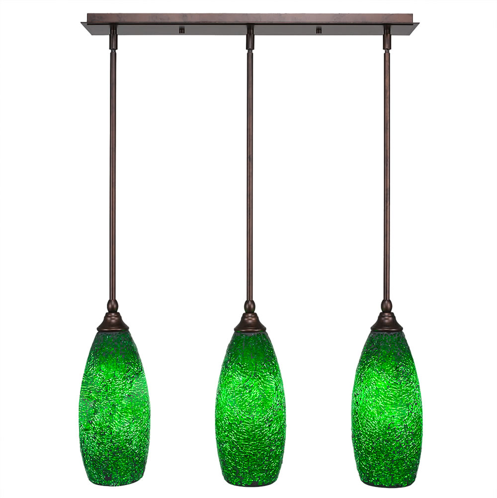 3 Light Multi Light Mini Pendant With Hang Straight Swivels Shown In Bronze Finish With 5.5" Green Fusion Glass