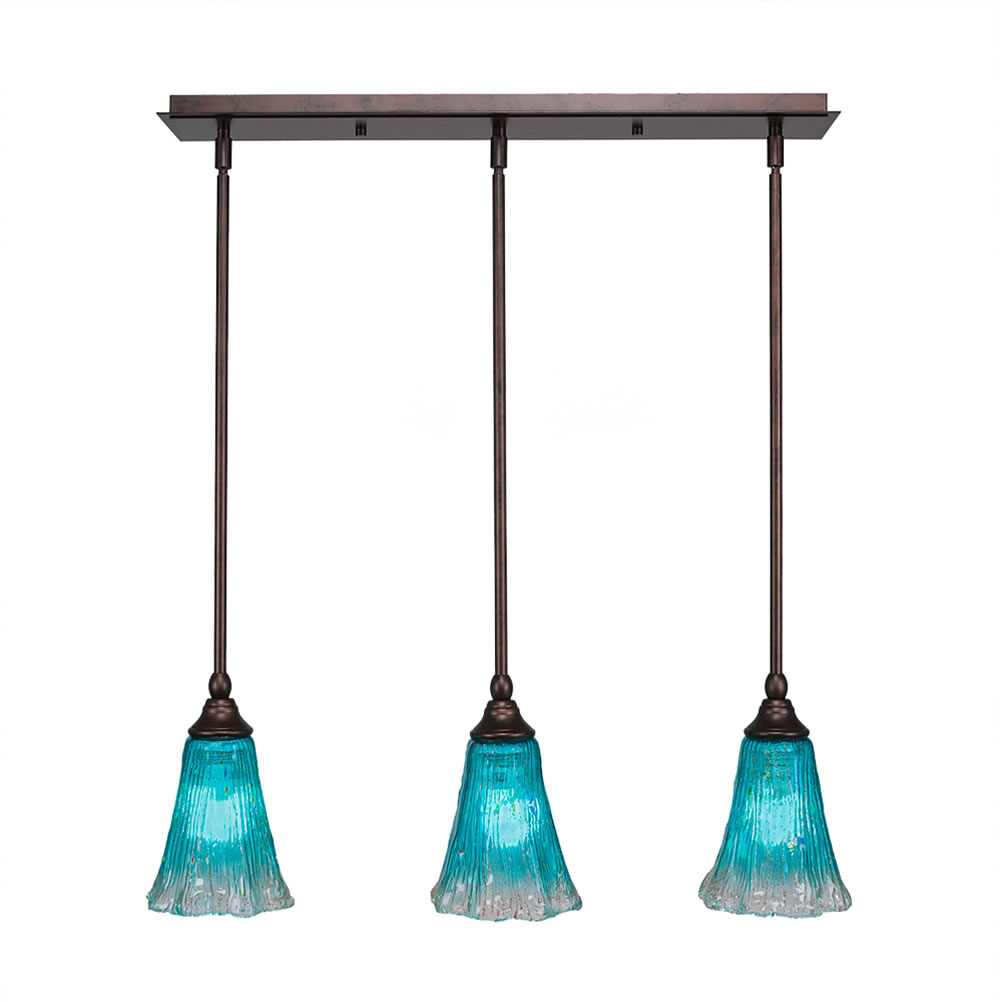 3 Light Multi Light Mini Pendant With Hang Straight Swivels Shown In Bronze Finish With 5.5" Fluted Teal Crystal Glass
