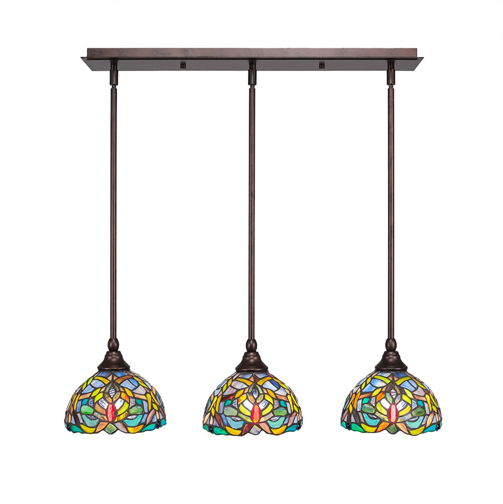 3 Light Multi Light Mini Pendant With Hang Straight Swivels Shown In Bronze Finish With 7" Kaleidoscope Tiffany Glass