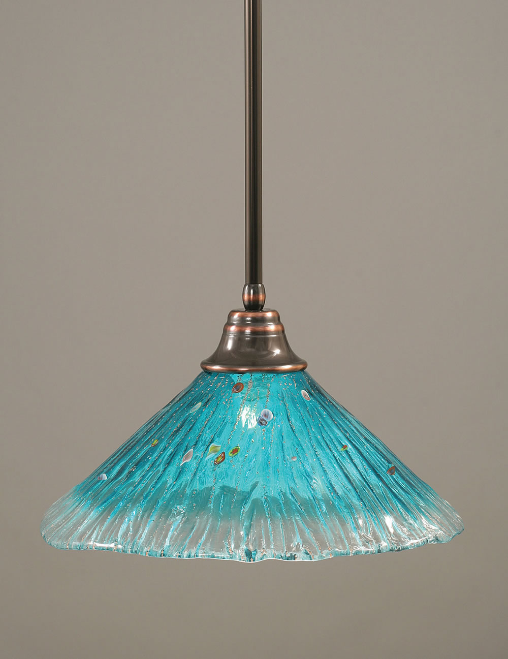 Stem Pendant With Hang Straight Swivel Shown In Black Copper Finish With 16" Teal Crystal Glass
