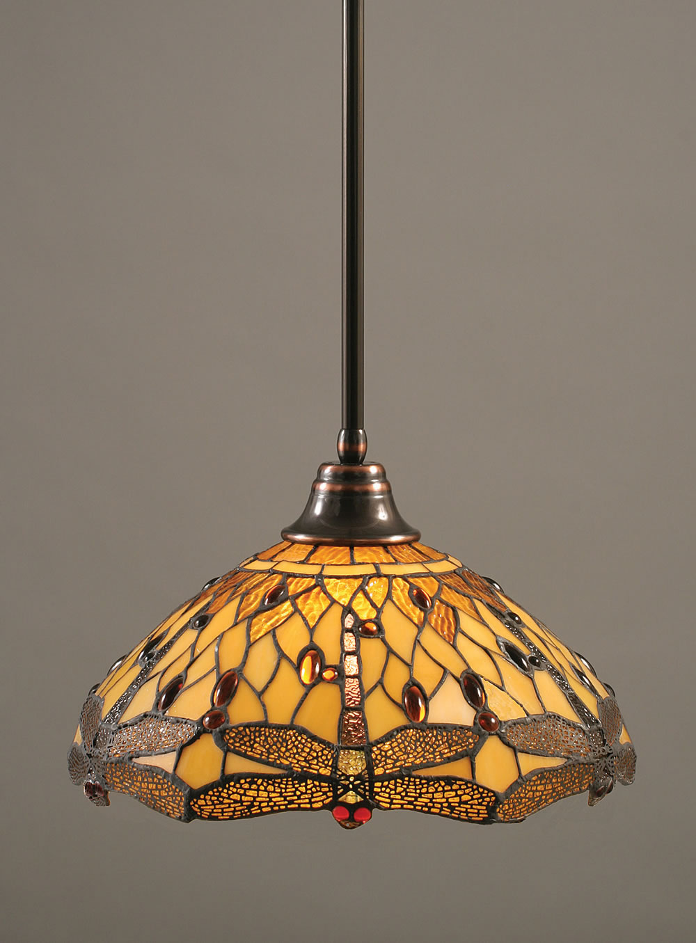 Stem Pendant With Hang Straight Swivel Shown In Black Copper Finish With 16" Amber Dragonfly Tiffany Glass