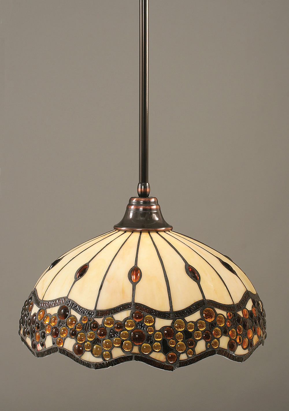 Stem Pendant With Hang Straight Swivel Shown In Black Copper Finish With 16" Roman Jewel Tiffany Glass