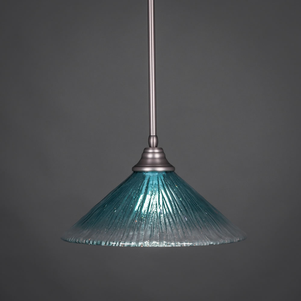 Stem Pendant With Hang Straight Swivel Shown In Brushed Nickel Finish With 16" Teal Crystal Glass