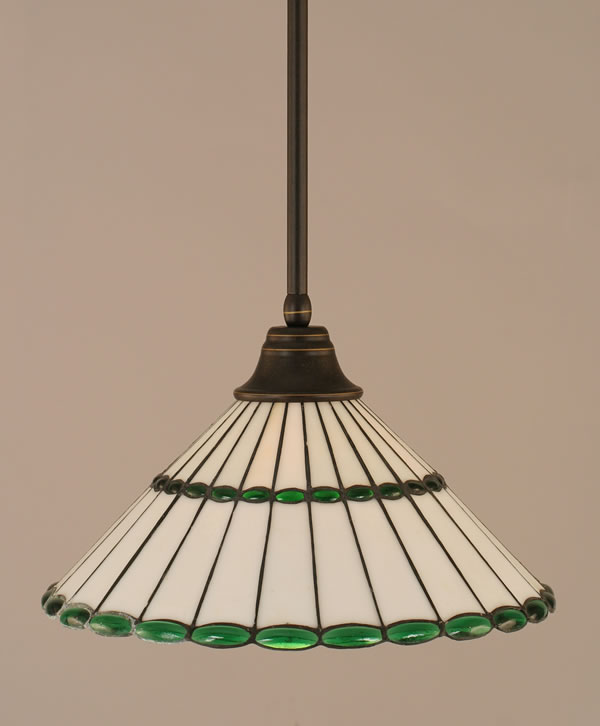 Stem Pendant With Hang Straight Swivel Shown In Dark Granite Finish With 15.5" Honey Glass & Green Jewels Tiffany Glass