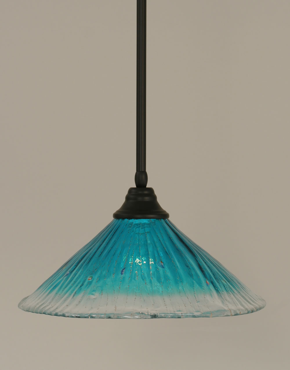 Stem Pendant With Hang Straight Swivel Shown In Matte Black Finish With 16" Teal Crystal Glass