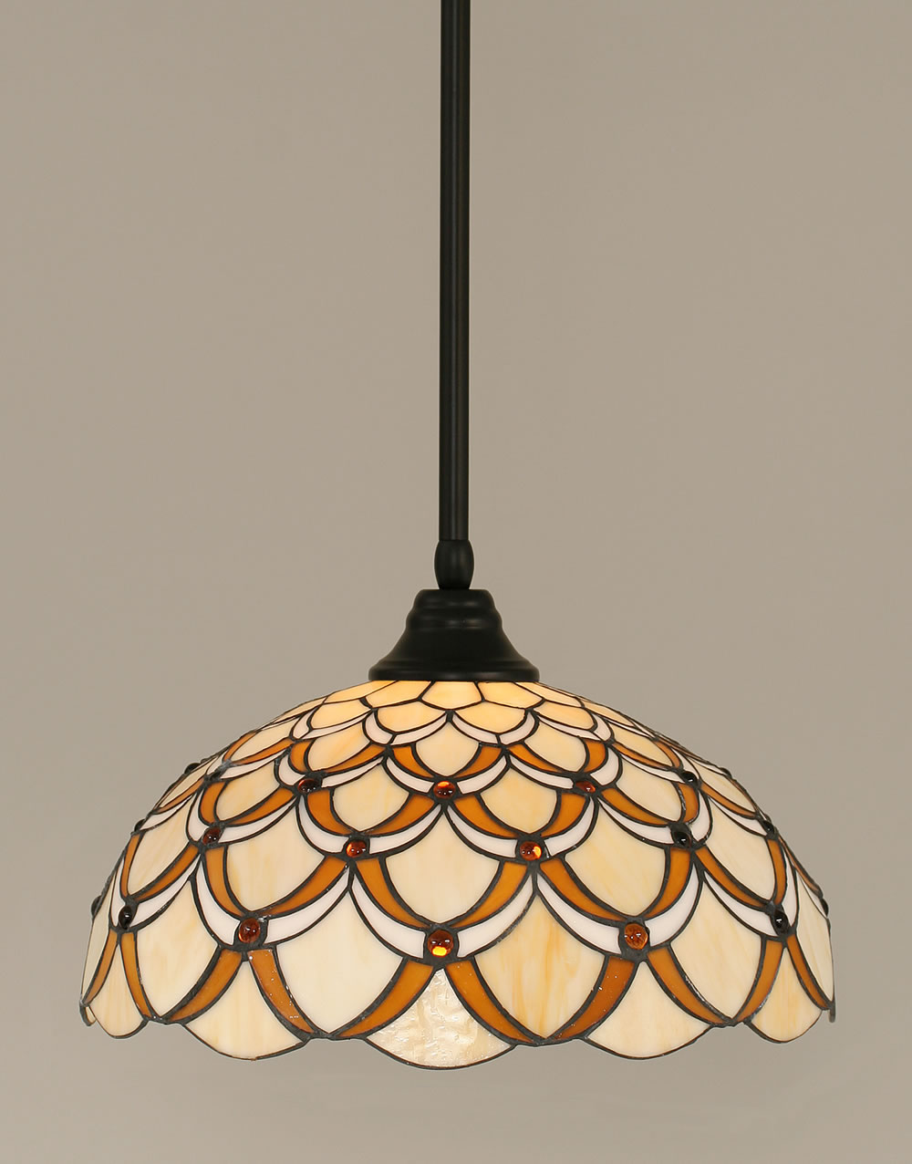 Stem Pendant With Hang Straight Swivel Shown In Matte Black Finish With 16" Honey & Brown Scallop Tiffany Glass