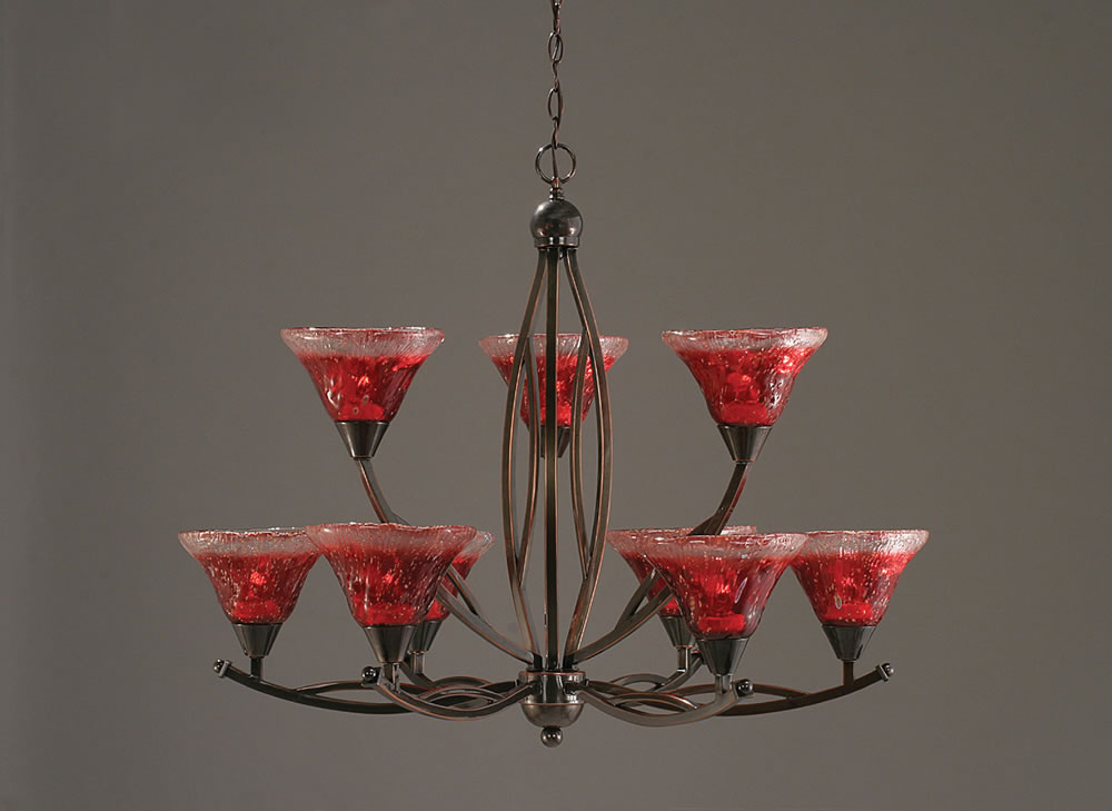 Bow 9 Light Chandelier Shown In Black Copper Finish With 7" Raspberry Crystal Glass