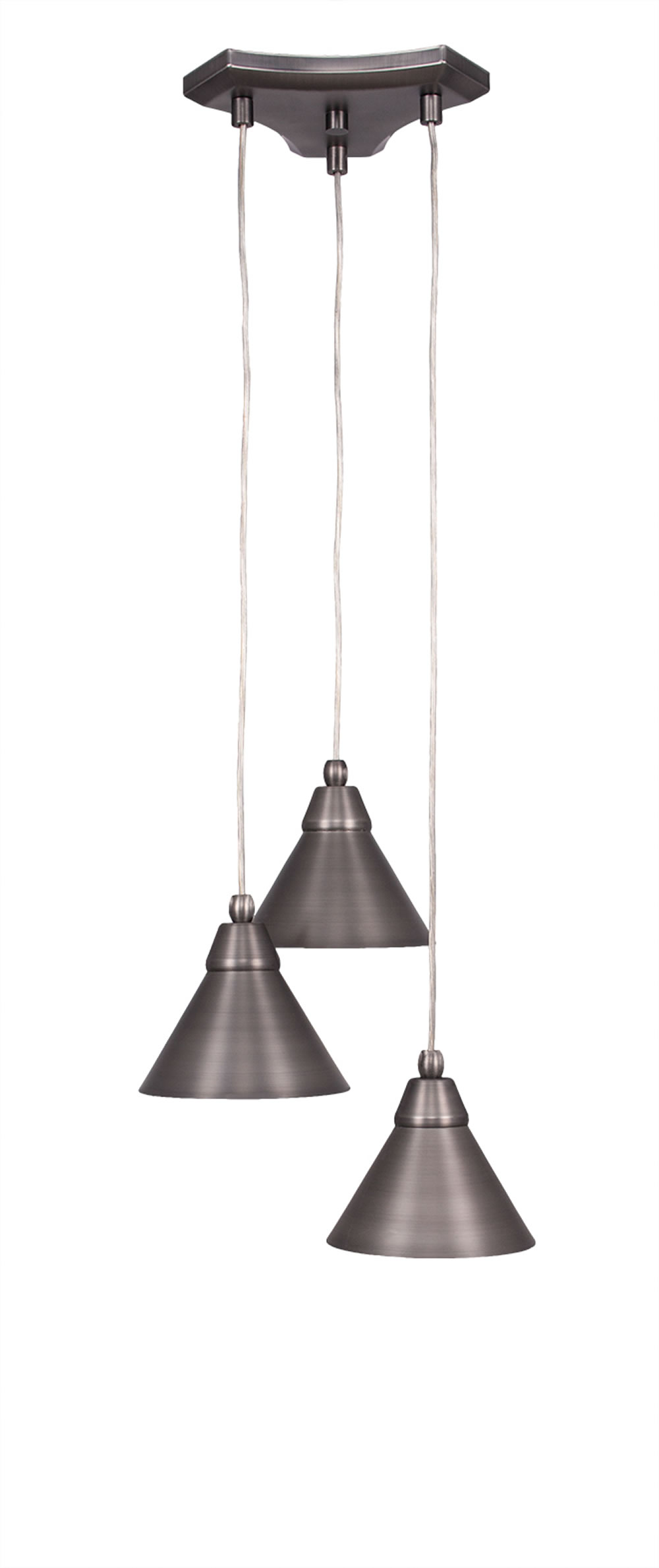 Europa 3 Light Multi Light Mini Pendant Shown In Brushed Nickel Finish With 7" Brushed Nickel Cone Metal Shade