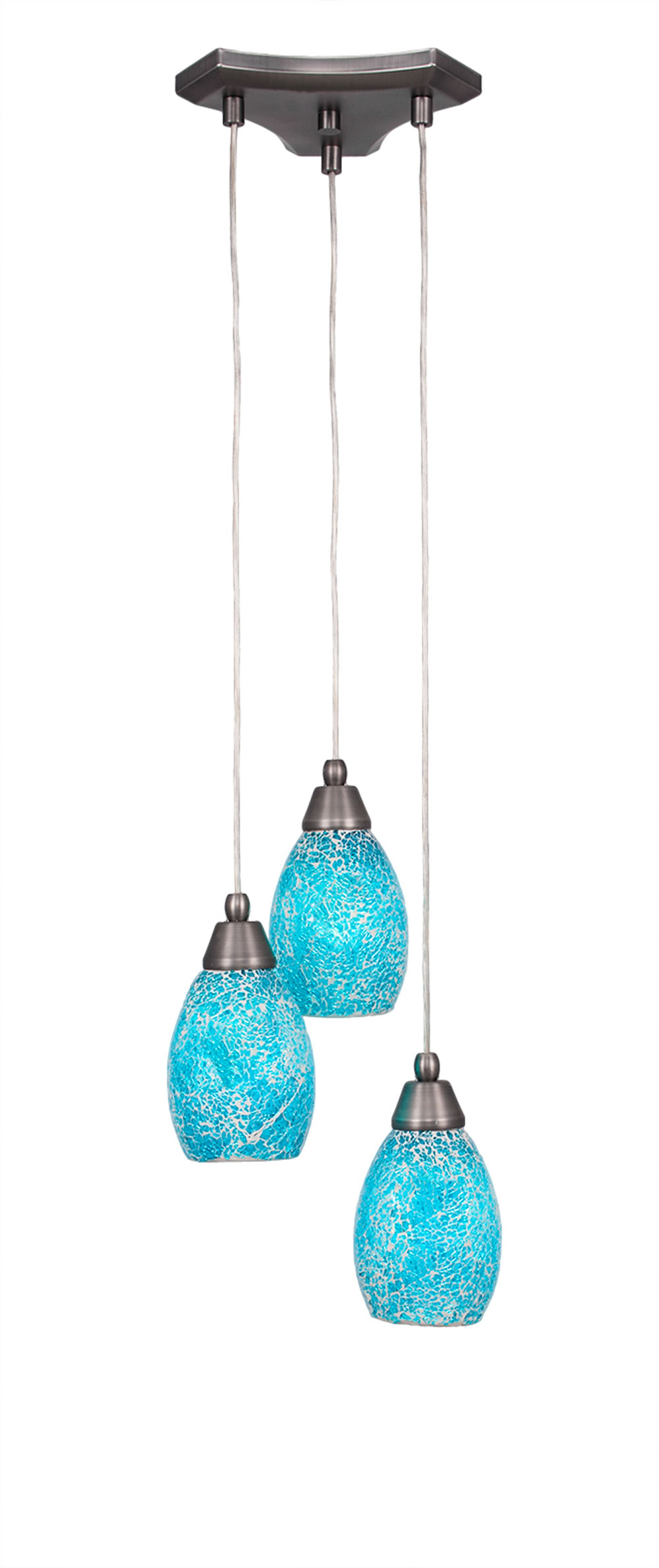 Europa 3 Light Multi Light Mini Pendant Shown In Brushed Nickel Finish With 5" Turquoise Fusion Glass