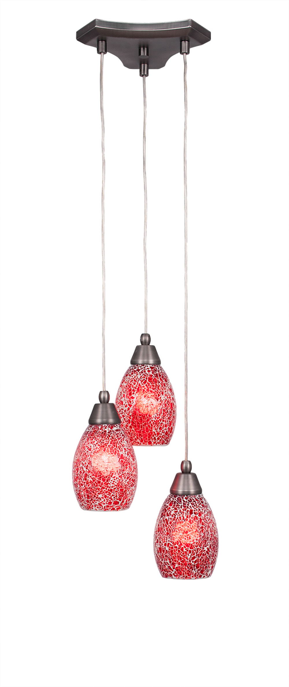 Europa 3 Light Multi Light Mini Pendant Shown In Brushed Nickel Finish With 5" Red Fusion Glass