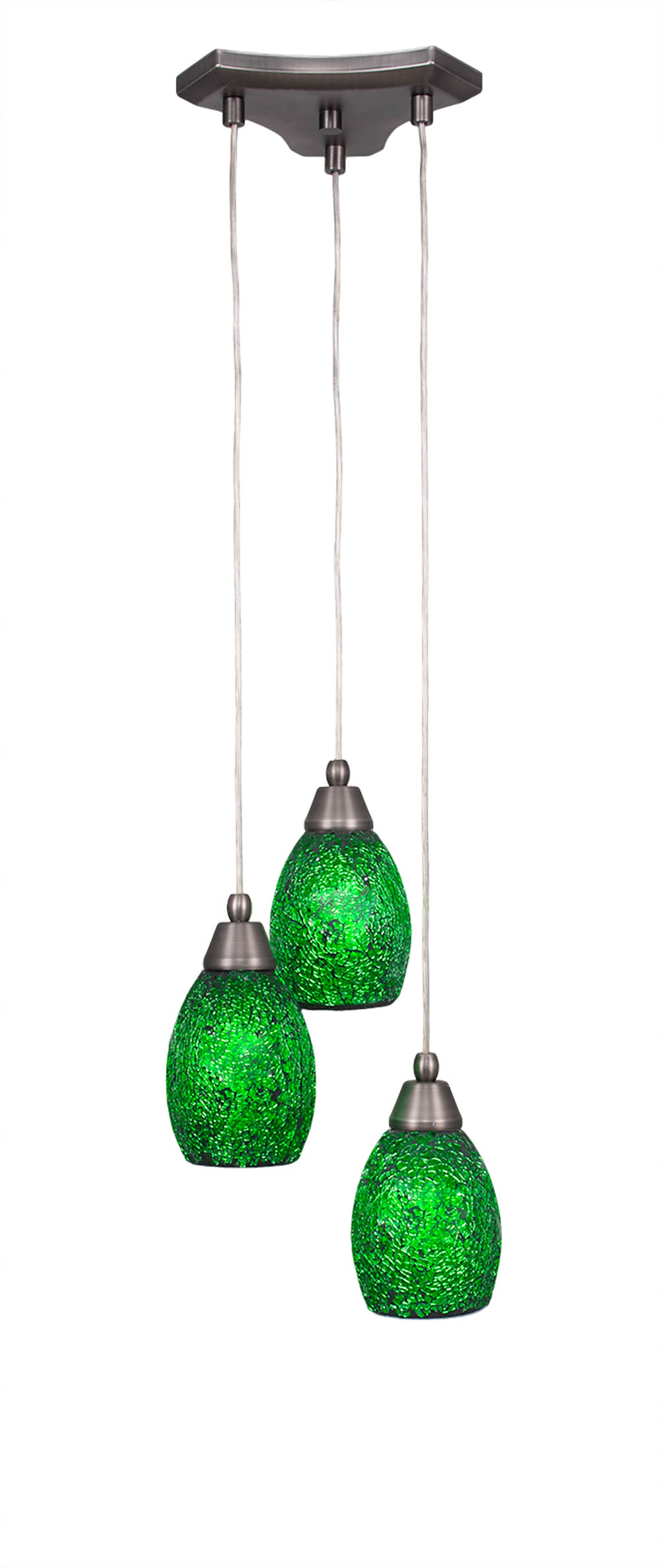 Europa 3 Light Multi Light Mini Pendant Shown In Brushed Nickel Finish With 5" Green Fusion Glass