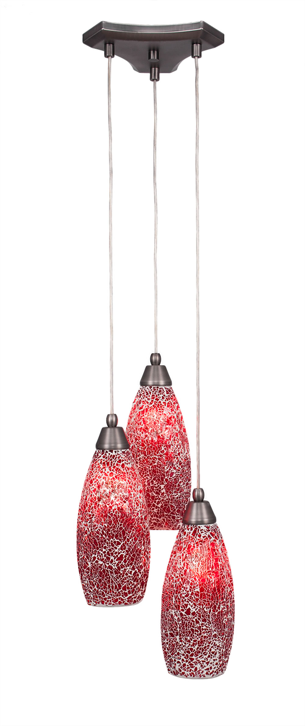Europa 3 Light Multi Light Mini Pendant Shown In Brushed Nickel Finish With 5.5" Red Fusion Glass