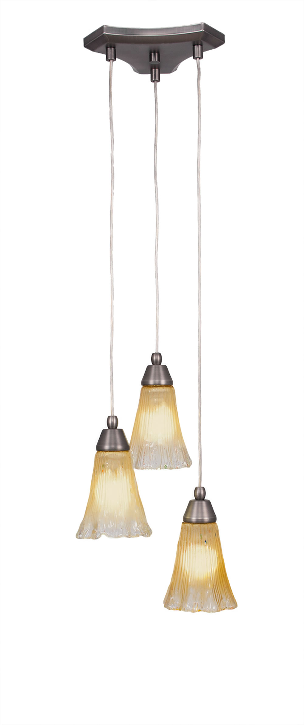 Europa 3 Light Multi Light Mini Pendant Shown In Brushed Nickel Finish With 5.5" Fluted Amber Crystal Glass