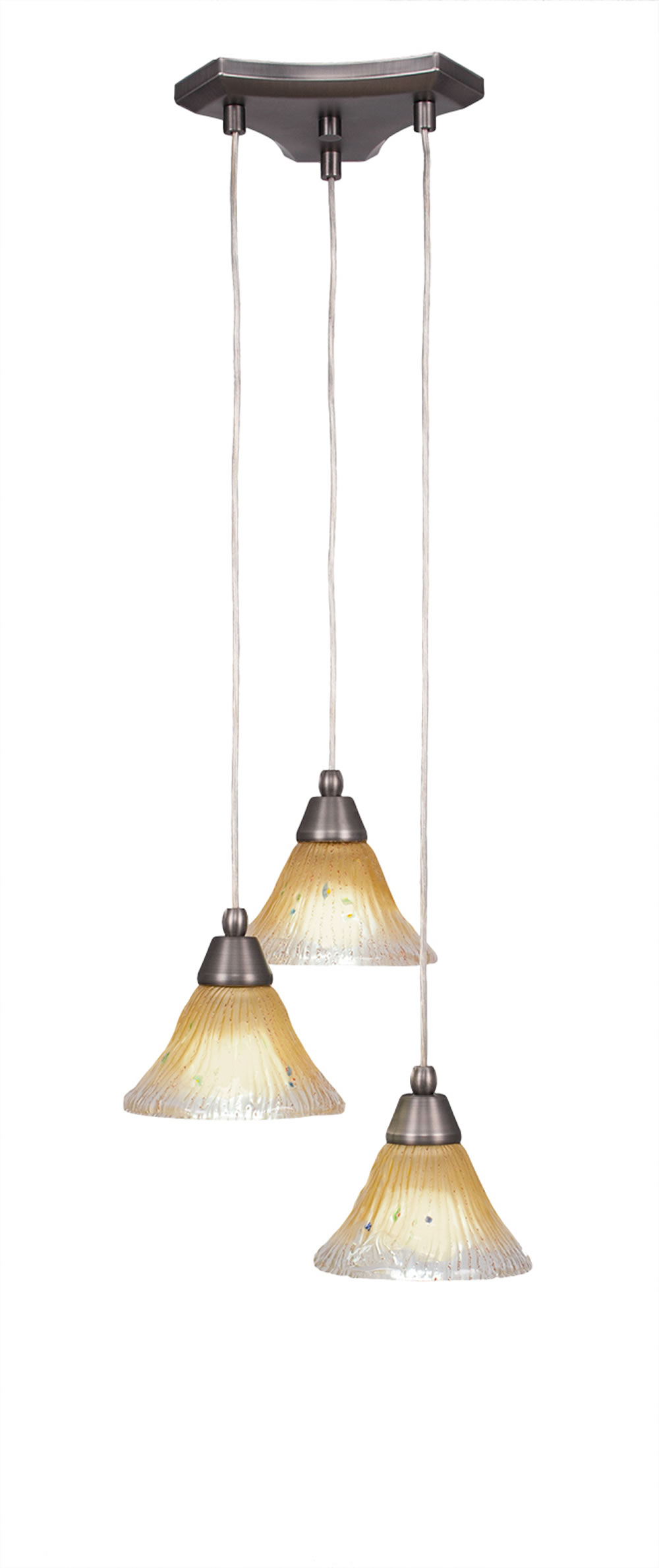 Europa 3 Light Multi Light Mini Pendant Shown In Brushed Nickel Finish With 7" Amber Crystal Glass