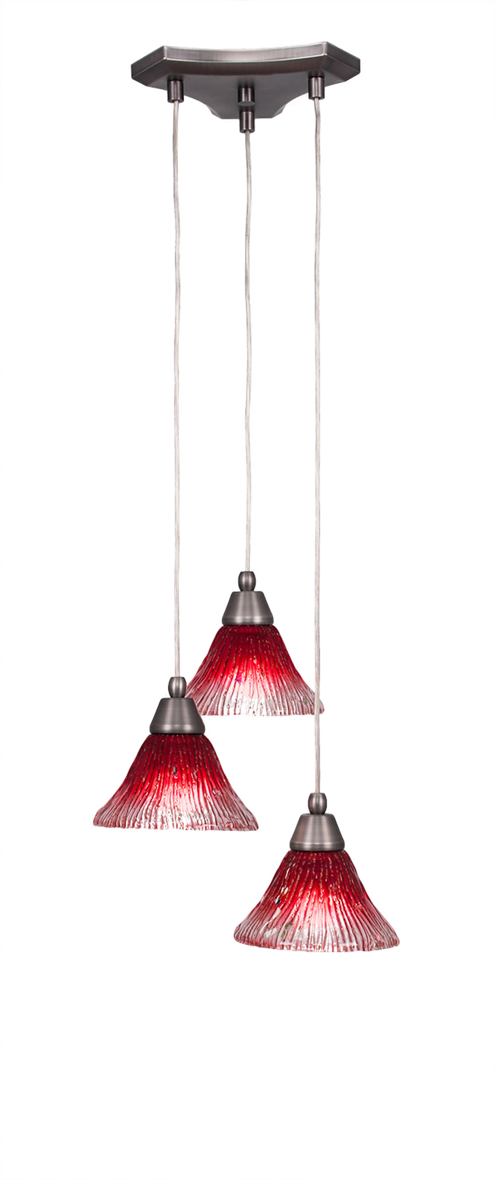 Europa 3 Light Multi Light Mini Pendant Shown In Brushed Nickel Finish With 7" Raspberry Crystal Glass