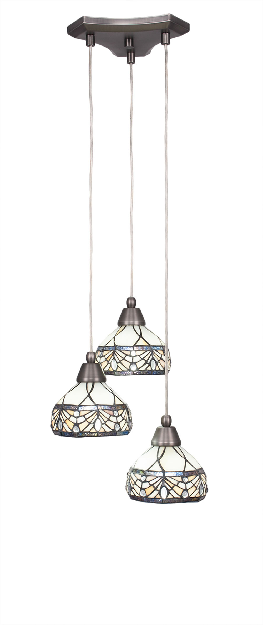 Europa 3 Light Multi Light Mini Pendant Shown In Brushed Nickel Finish With 7" Royal Merlot Tiffany Glass