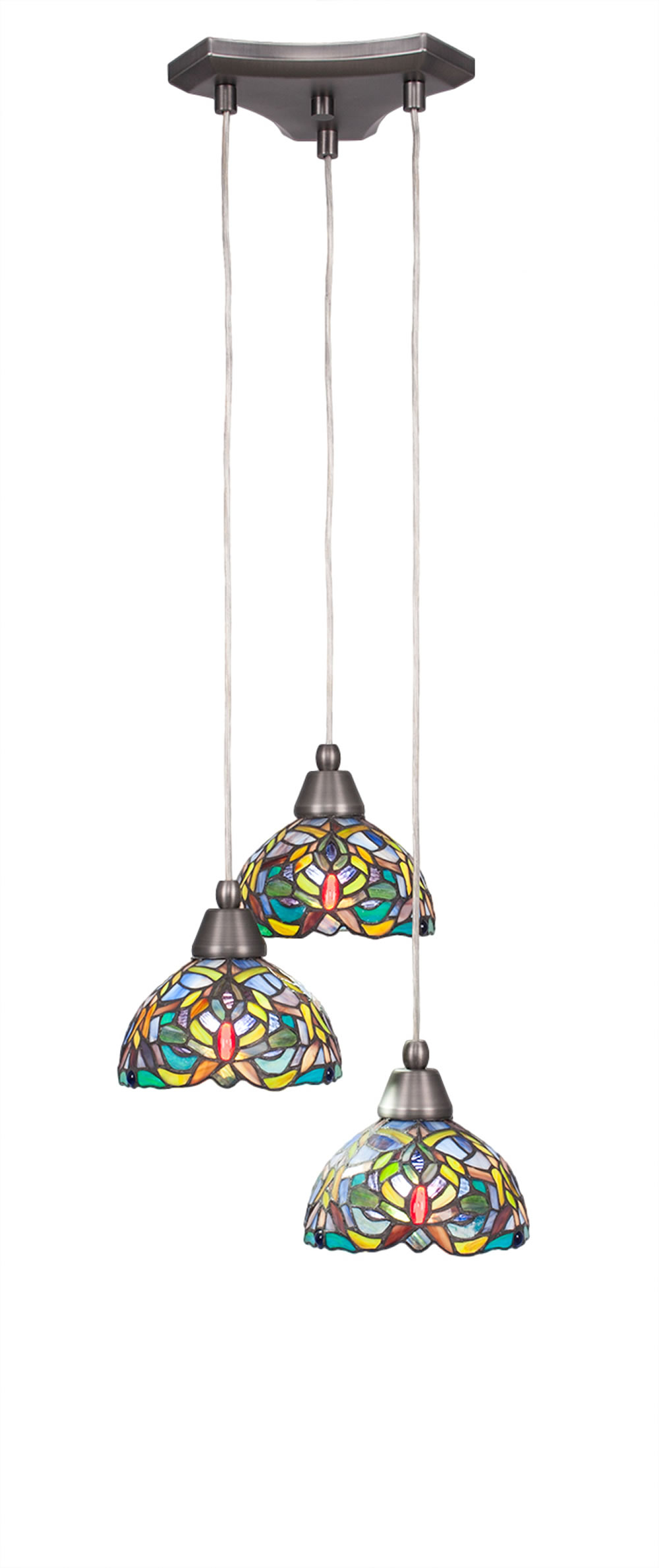 Europa 3 Light Multi Light Mini Pendant Shown In Brushed Nickel Finish With 7" Kaleidoscope Tiffany Glass